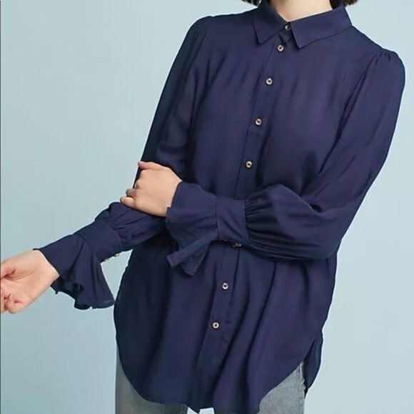 ✨Anthro Maeve Ruffled-Cuff Button Down Top✨ - Picture 2 of 11